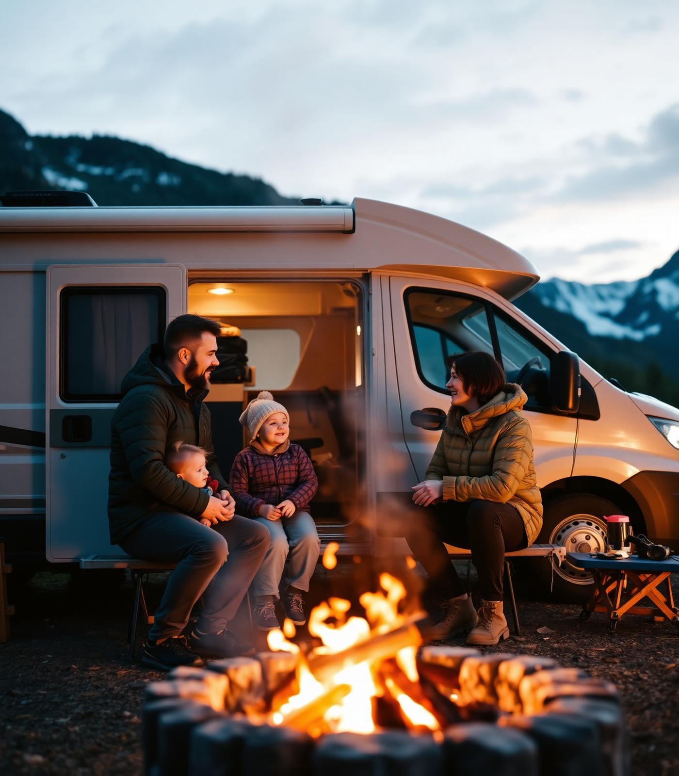 Familie am Lagerfeuer vor dem Wohnmobil in den Alpen